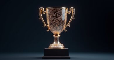 Trofeum innowacji AI z pulsującymi obwodami, symbolizujące globalne uznanie i postęp technologiczny.