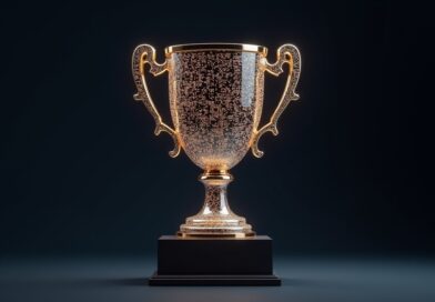 Trofeum innowacji AI z pulsującymi obwodami, symbolizujące globalne uznanie i postęp technologiczny.