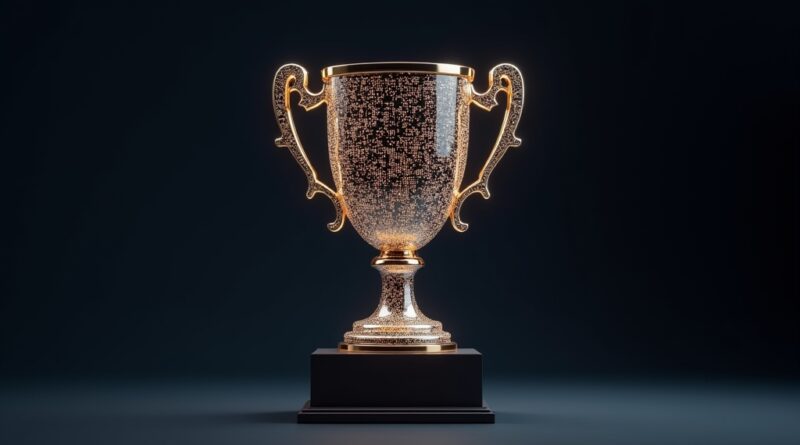 Trofeum innowacji AI z pulsującymi obwodami, symbolizujące globalne uznanie i postęp technologiczny.