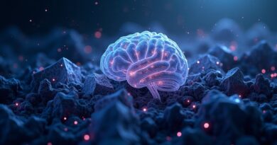 Abstrakcyjna wizualizacja AI niszczącej strukturę blockchain; zagrożenie dla kryptografii.