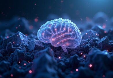 Abstrakcyjna wizualizacja AI niszczącej strukturę blockchain; zagrożenie dla kryptografii.
