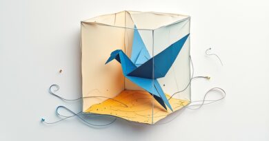 Papierowa origami-ptak w transparentnej piaskownicy. Dyskretne linie symbolizują nowy rynek.