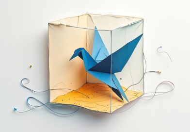 Papierowa origami-ptak w transparentnej piaskownicy. Dyskretne linie symbolizują nowy rynek.