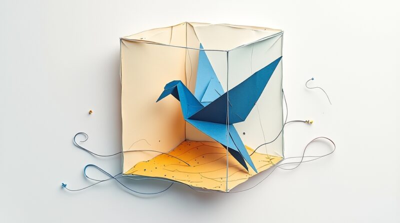 Papierowa origami-ptak w transparentnej piaskownicy. Dyskretne linie symbolizują nowy rynek.