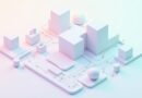 Izometryczne renderowanie 3D abstrakcyjnego przepływu danych z pastelowych kształtów i linii.