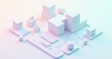 Izometryczne renderowanie 3D abstrakcyjnego przepływu danych z pastelowych kształtów i linii.
