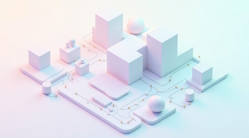 Izometryczne renderowanie 3D abstrakcyjnego przepływu danych z pastelowych kształtów i linii.