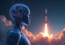 Sztuczna inteligencja Claude, rakieta SpaceX i gwieździste niebo, symbolizujące przyszłość.