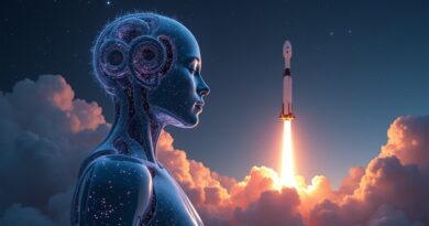 Sztuczna inteligencja Claude, rakieta SpaceX i gwieździste niebo, symbolizujące przyszłość.