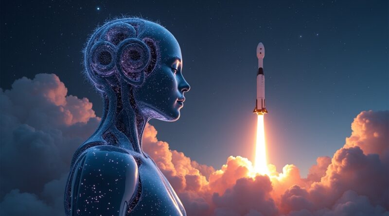 Sztuczna inteligencja Claude, rakieta SpaceX i gwieździste niebo, symbolizujące przyszłość.