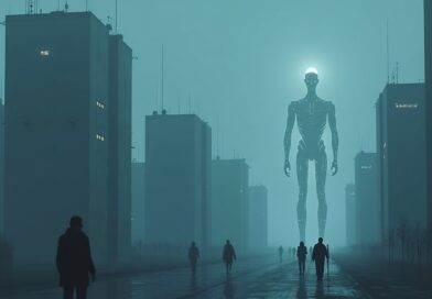 Minimalistyczne miasto nocą, sylwetki ludzi ustępują miejsca świecącym agentom AI.