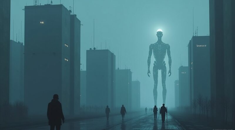 Minimalistyczne miasto nocą, sylwetki ludzi ustępują miejsca świecącym agentom AI.