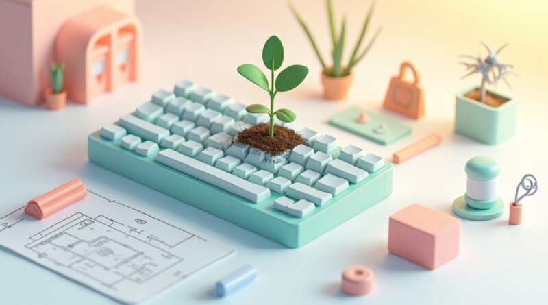 Miniaturowy warsztat weekendowy, z którego wyrasta sadzonka z klawiatury, symbolizująca wzrost.