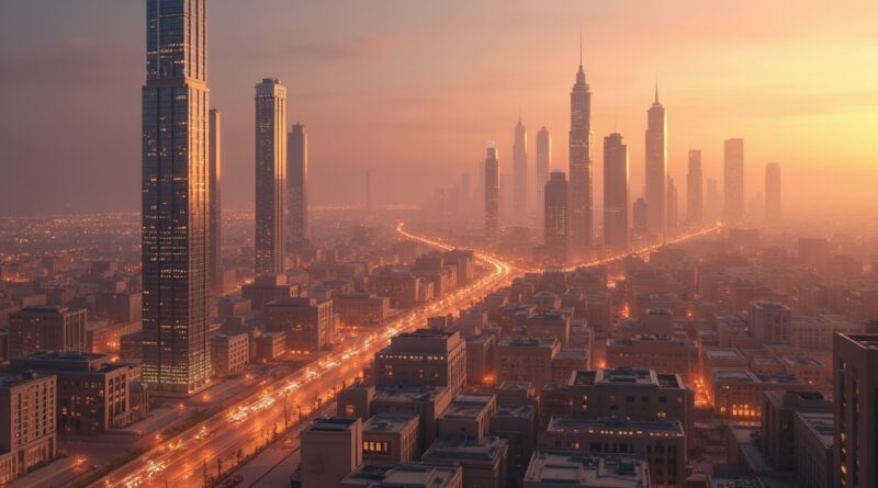 Duch XXI wieku w tradycyjnej architekturze Arabii Saudyjskiej, złota godzina, wizja technologii i kontroli.
