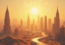 Futurystyczne miasto w Arabii Saudyjskiej, dane AI i tradycyjna architektura, złote światło.