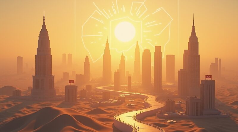 Futurystyczne miasto w Arabii Saudyjskiej, dane AI i tradycyjna architektura, złote światło.
