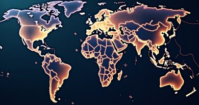 Stylizowana mapa świata arabskiego z symbolicznymi nićmi AI, bogactwo wiedzy i potencjału.