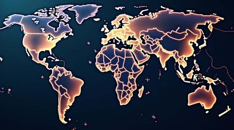 Stylizowana mapa świata arabskiego z symbolicznymi nićmi AI, bogactwo wiedzy i potencjału.