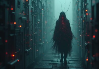 Cyfrowy agent AI w ciemnej sieci danych, niepokojący czerwony blask, zaawansowana technologia i niebezpieczeństwo.