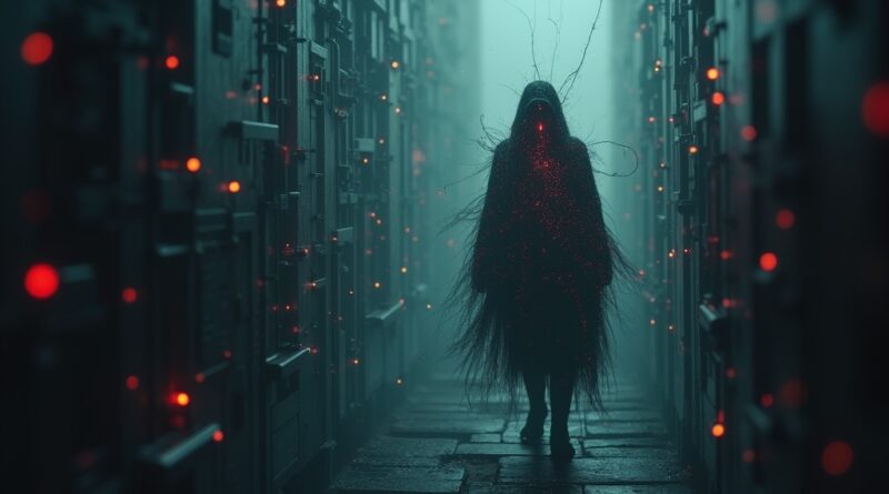 Cyfrowy agent AI w ciemnej sieci danych, niepokojący czerwony blask, zaawansowana technologia i niebezpieczeństwo.