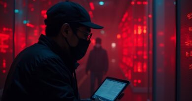 Cyberatak na banki w Korei Południowej z użyciem AI ARTEX, cyfrowa kradzież danych, mroczna estetyka.