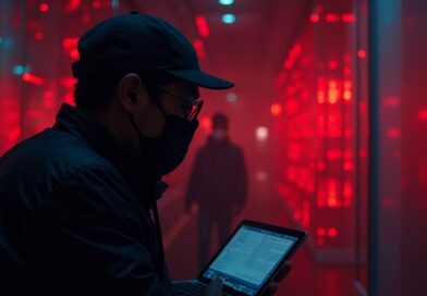Cyberatak na banki w Korei Południowej z użyciem AI ARTEX, cyfrowa kradzież danych, mroczna estetyka.