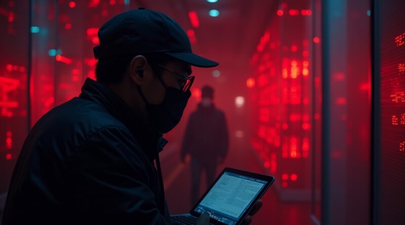 Cyberatak na banki w Korei Południowej z użyciem AI ARTEX, cyfrowa kradzież danych, mroczna estetyka.