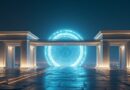 Cyfrowy most łączy antyczny budynek z futurowym rdzeniem danych, symbolizując współpracę w dziedzinie AI.