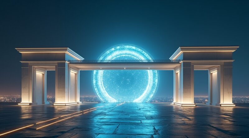 Cyfrowy most łączy antyczny budynek z futurowym rdzeniem danych, symbolizując współpracę w dziedzinie AI.