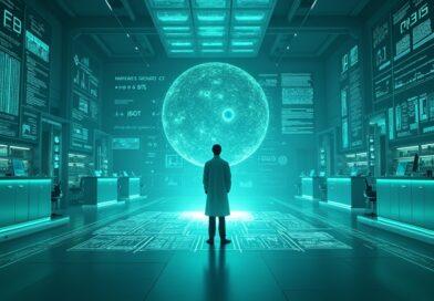 Futurystyczne laboratorium z naukowcem i holograficznymi równaniami, symbolizującymi AI BootLoops.