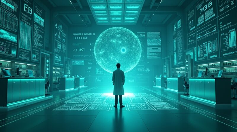 Futurystyczne laboratorium z naukowcem i holograficznymi równaniami, symbolizującymi AI BootLoops.