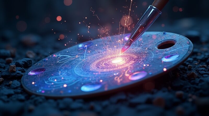Symboliczne połączenie kreatywności i technologii, holograficzny projekt z palety malarskiej.