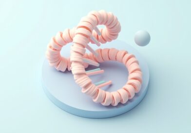 Abstrakcyjna rzeźba symbolizująca przeplatające się DNA i strony książki w pastelowych barwach.