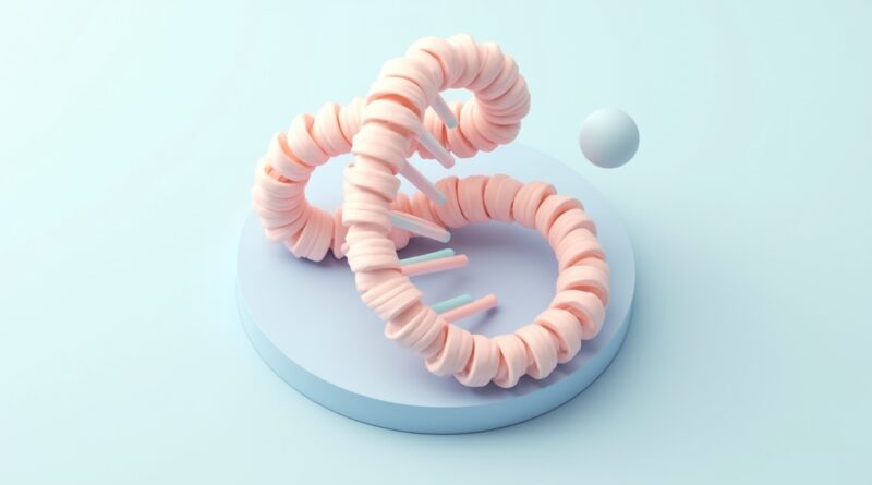 Abstrakcyjna rzeźba symbolizująca przeplatające się DNA i strony książki w pastelowych barwach.