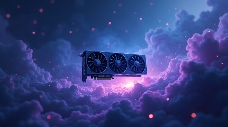 Drogie, świecące GPU Nvidia H100 unoszące się w cyfrowej mgle spadających tokenów AI.