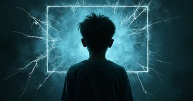 Sylwetka nastolatka na pękniętym ekranie cyfrowym, symbolizująca ignorowane ostrzeżenia.