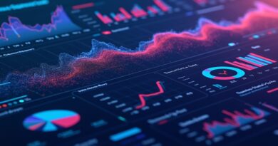 Dynamiczny interfejs dashboardu z animowanymi wizualizacjami danych w futurystycznym stylu.