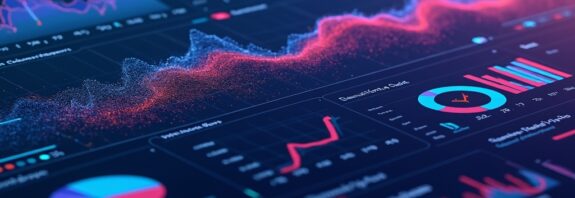 Dynamiczny interfejs dashboardu z animowanymi wizualizacjami danych w futurystycznym stylu.