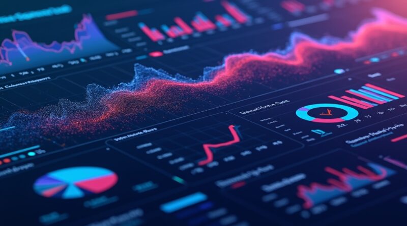 Dynamiczny interfejs dashboardu z animowanymi wizualizacjami danych w futurystycznym stylu.