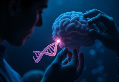 Abstrakcyjna sieć neuronowa zintegrowana z DNA, sugerująca precyzyjną interwencję medyczną.