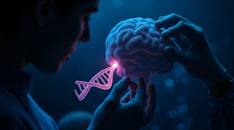 Abstrakcyjna sieć neuronowa zintegrowana z DNA, sugerująca precyzyjną interwencję medyczną.
