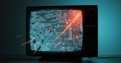 Pęknięty ekran telewizora LG z uciekającym kodem i elementami płyty głównej.