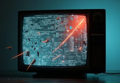 Pęknięty ekran telewizora LG z uciekającym kodem i elementami płyty głównej.