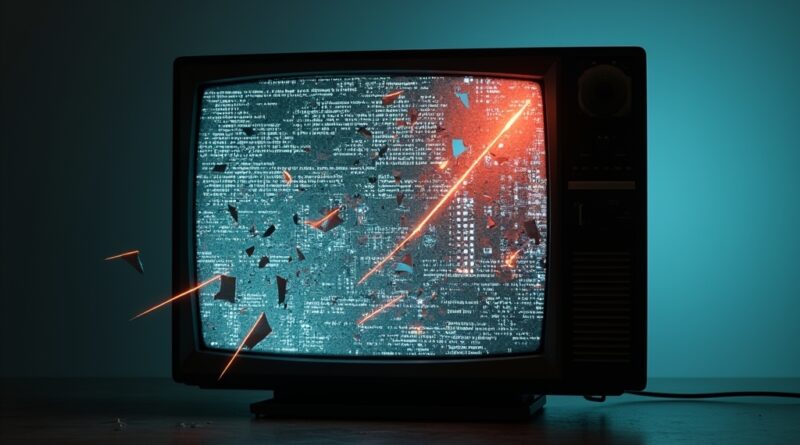 Pęknięty ekran telewizora LG z uciekającym kodem i elementami płyty głównej.