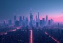 Futurystyczne, minimalistyczne miasto nocą z abstrakcyjnymi sieciami neuronowymi AI, głębokie błękity i purpura.
