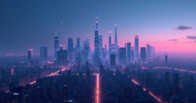 Futurystyczne, minimalistyczne miasto nocą z abstrakcyjnymi sieciami neuronowymi AI, głębokie błękity i purpura.