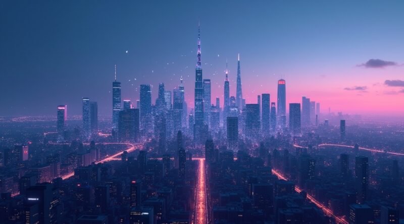 Futurystyczne, minimalistyczne miasto nocą z abstrakcyjnymi sieciami neuronowymi AI, głębokie błękity i purpura.