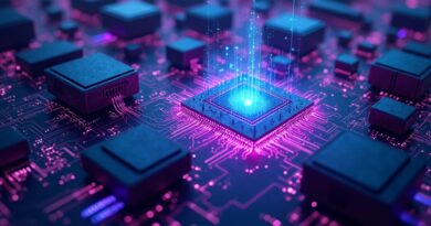 Abstrakcyjne, futurystyczne miasto z układów GPU i CPU w odcieniach niebieskiego i fioletu.