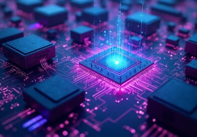 Abstrakcyjne, futurystyczne miasto z układów GPU i CPU w odcieniach niebieskiego i fioletu.