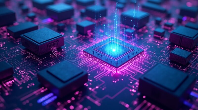 Abstrakcyjne, futurystyczne miasto z układów GPU i CPU w odcieniach niebieskiego i fioletu.